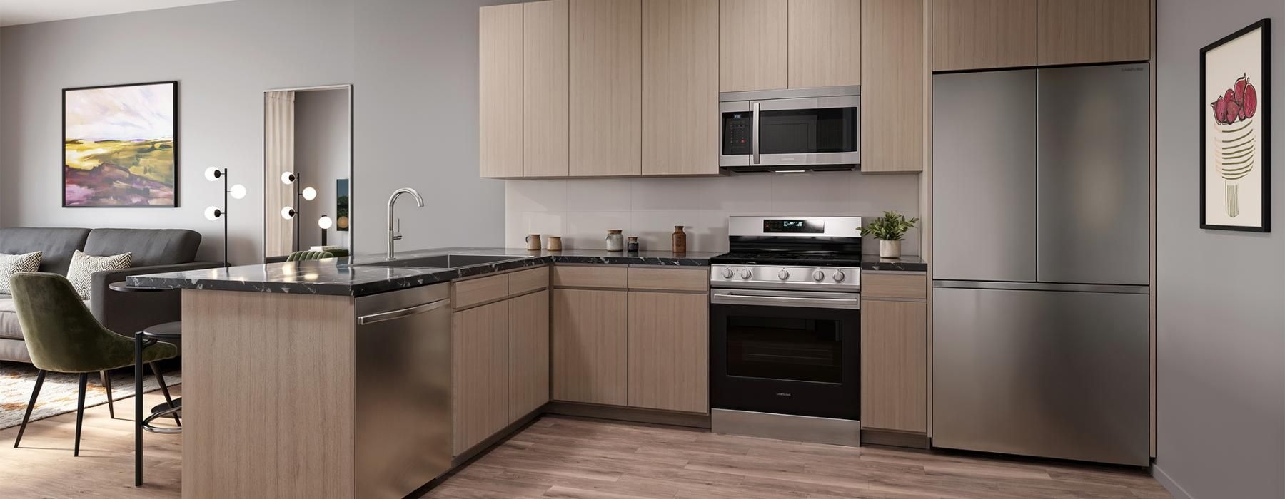 a kitchen with a wood floor